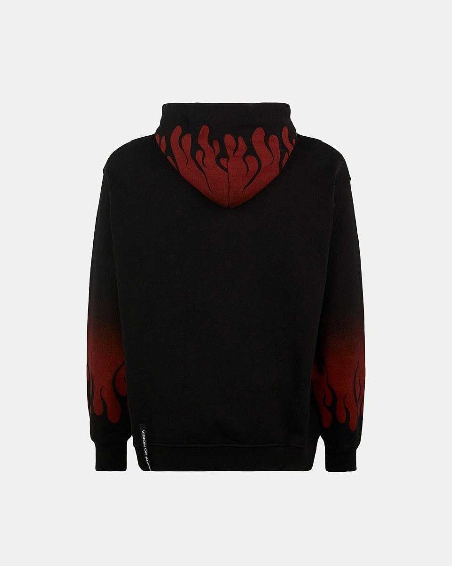 Uomo Vision of Super Felpe | Felpa Con Cappuccio Nera Con Fiamme Negative Rosse