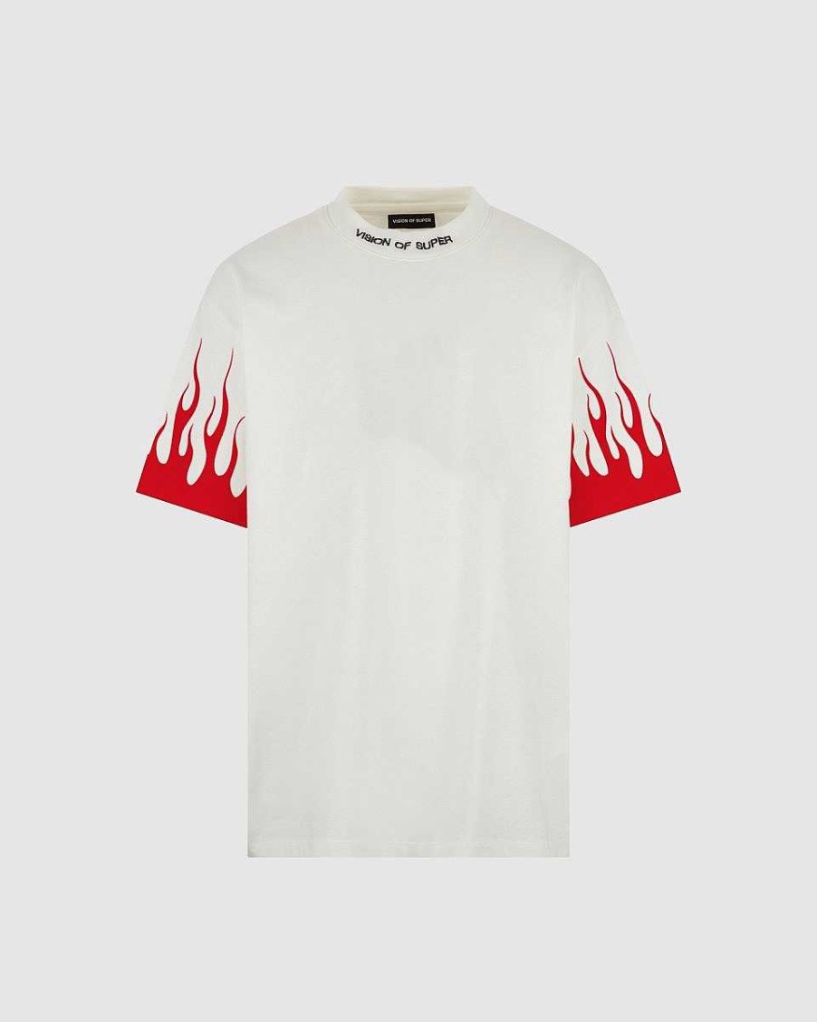 Uomo Vision of Super T-Shirt | T-Shirt Bianca Con Fiamme Rosse Stampate