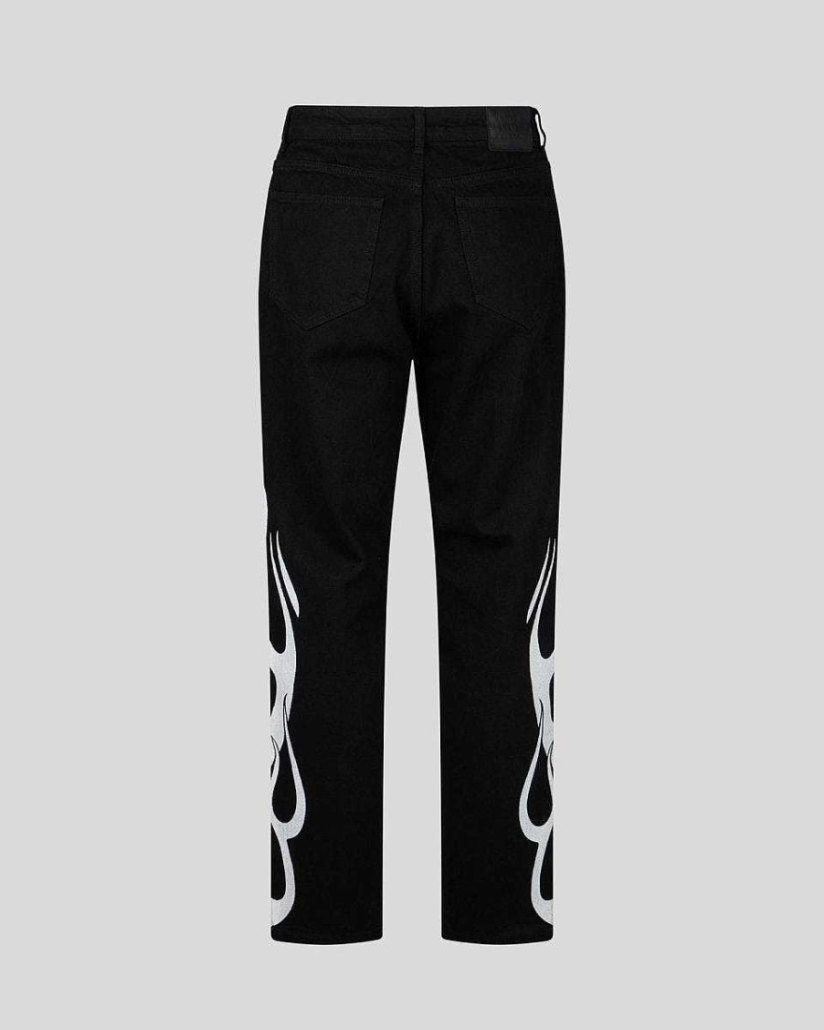 Uomo Vision of Super Pantaloni | Jeans Neri Con Fiamme Bianche