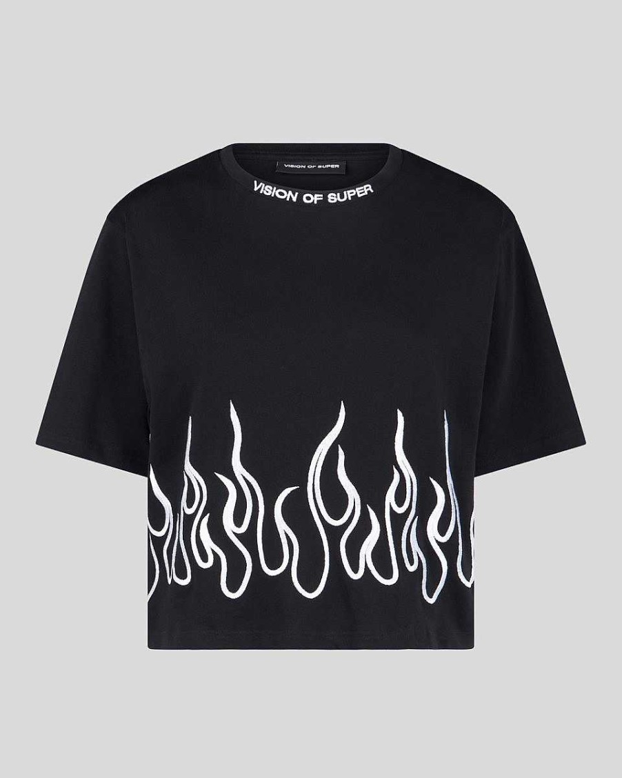 Uomo Vision of Super T-Shirt | T-Shirt Corta Nera Con Fiamme Bianche Ricamate