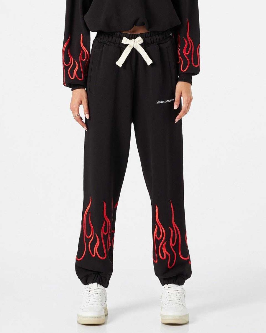 Uomo Vision of Super Pantaloni | Pantaloni Donna Neri Con Fiamme Rosse