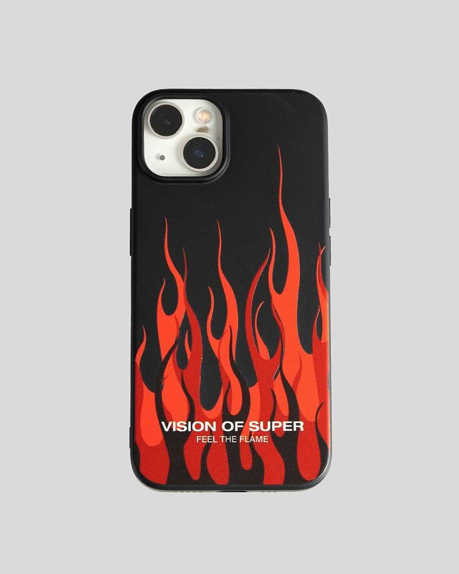 Uomo Vision of Super Accessori | Cover Iphone 14 Pro Nera Con Fiamme Rosse E Logo Bianco