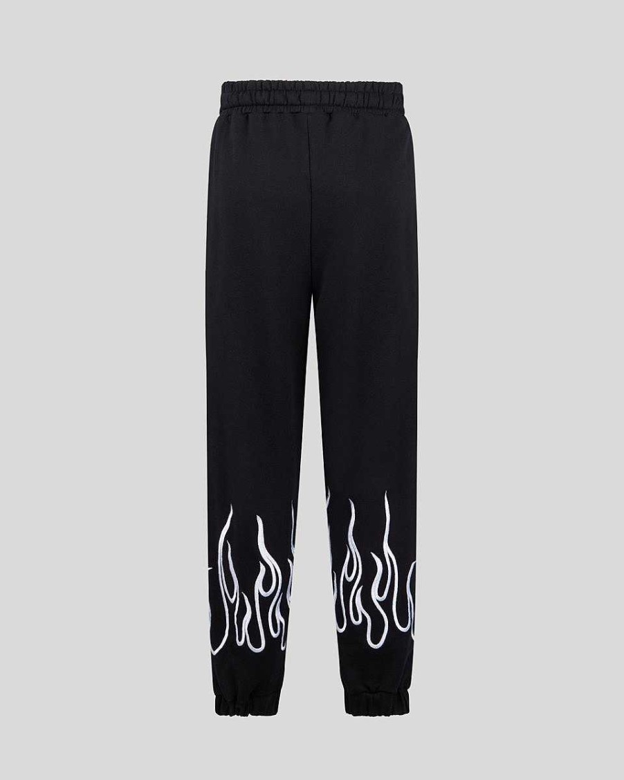 Uomo Vision of Super Pantaloni | Pantaloni Donna Neri Con Fiamme Ricamate Bianche