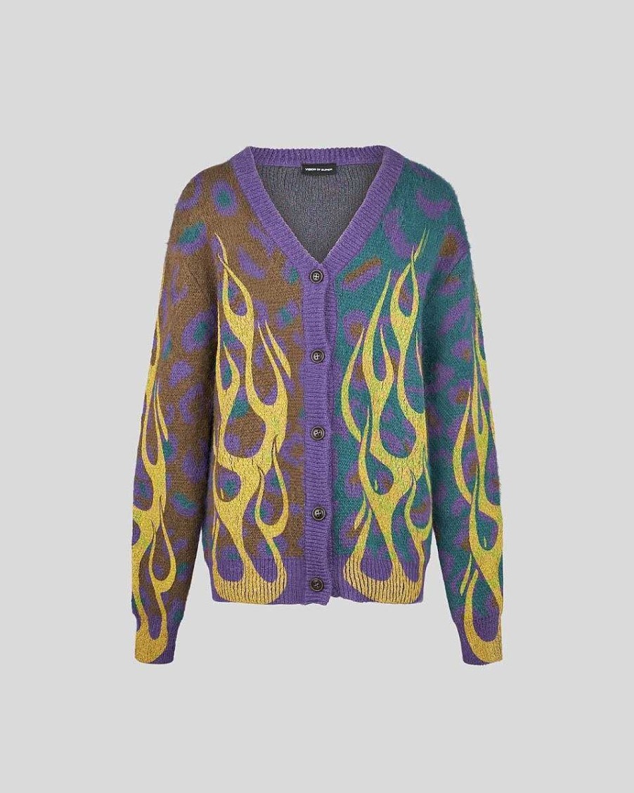 Uomo Vision of Super Maglie | Cardigan Multicolor Con Fiamme Tribali Gialle