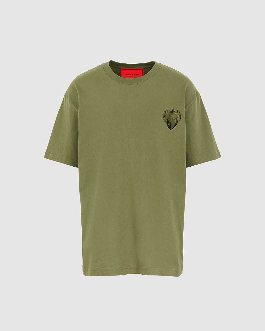 Uomo Vision of Super T-Shirt | T-Shirt Verde Con Cuore Fiammeggiante Ricamato