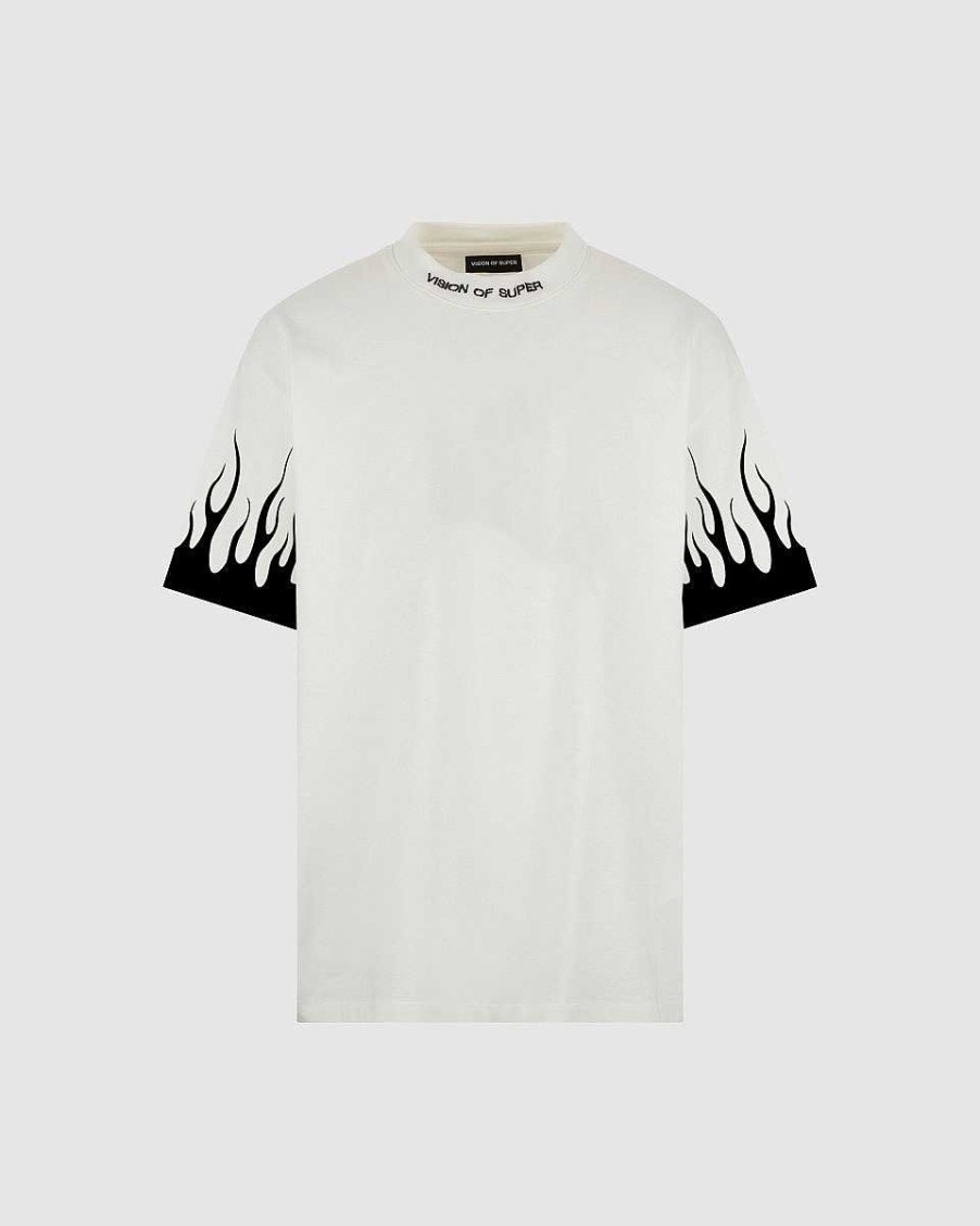 Uomo Vision of Super T-Shirt | T-Shirt Bianca Con Fiamme Nere Stampate