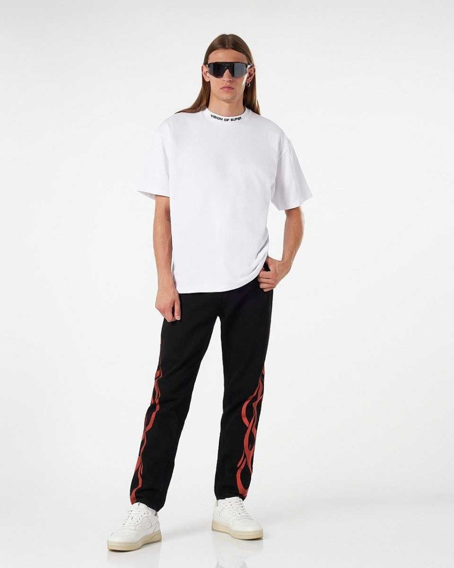 Uomo Vision of Super Pantaloni | Jeans Neri Con Fiamme Rosse