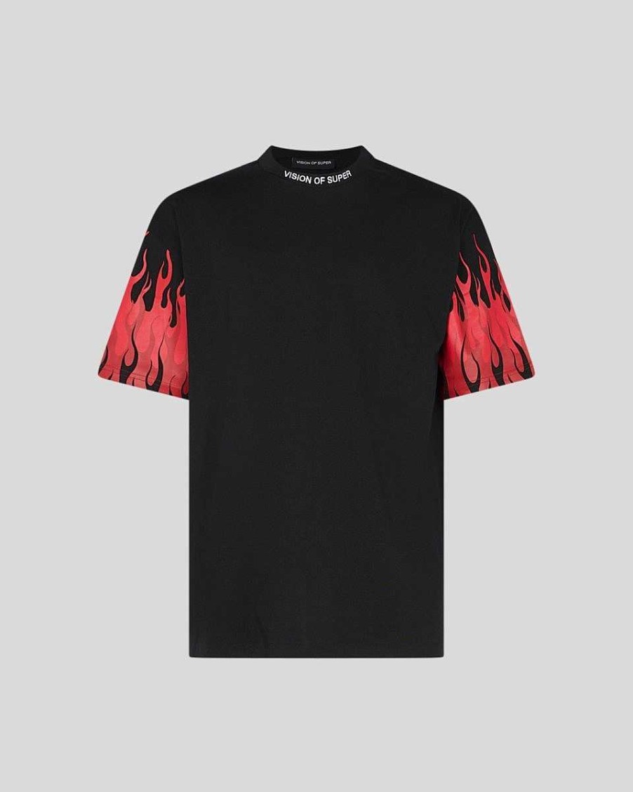 Uomo Vision of Super T-Shirt | T-Shirt Nera Con Fiamme Rosse Invertite Sulle Maniche