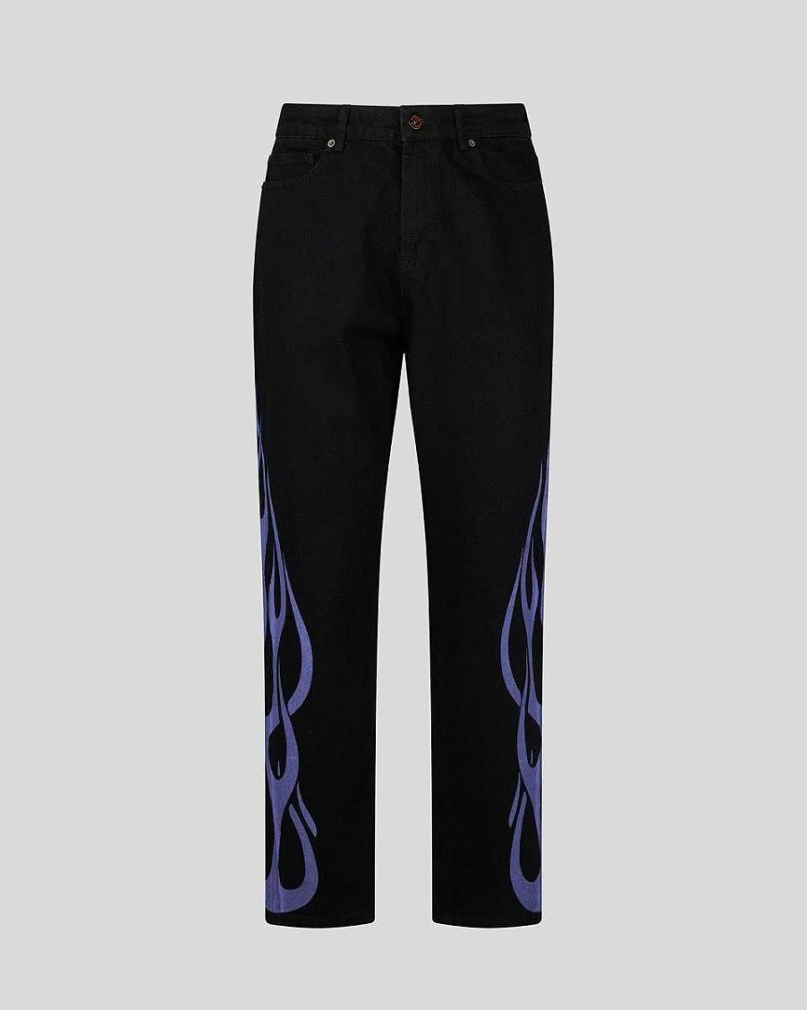 Uomo Vision of Super Pantaloni | Denim Nero Con Fiamme Viola