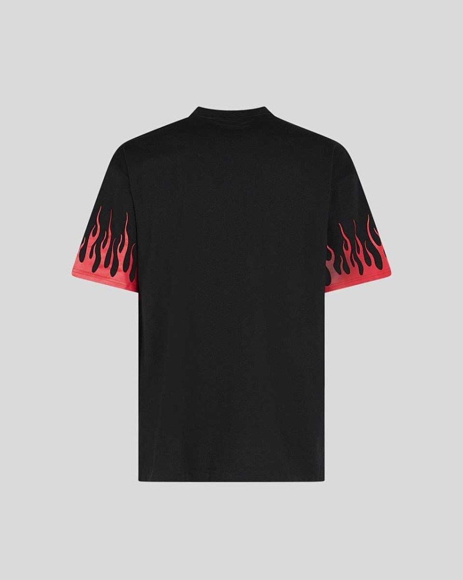 Uomo Vision of Super T-Shirt | T-Shirt Nera Con Fiamme Rosse Stampate