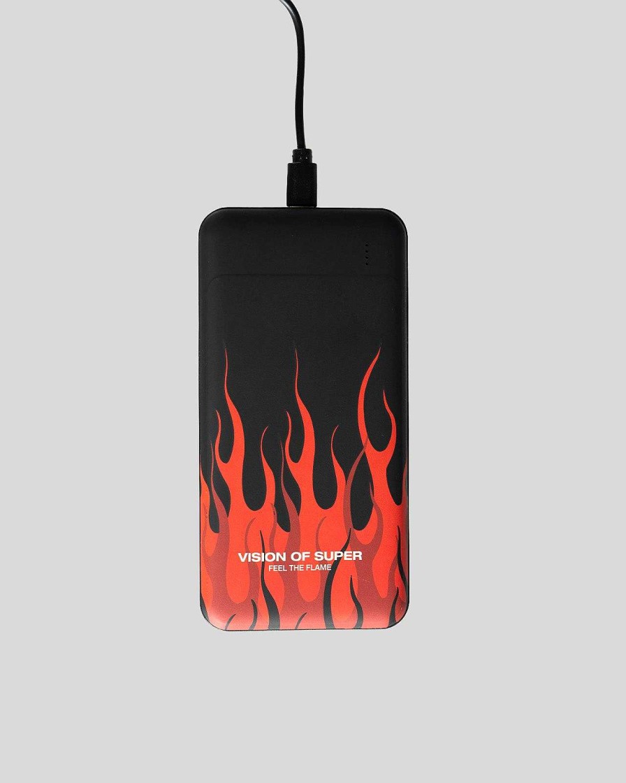 Uomo Vision of Super Accessori | Powerbank Nero Con Fiamme Rosse E Logo Bianco