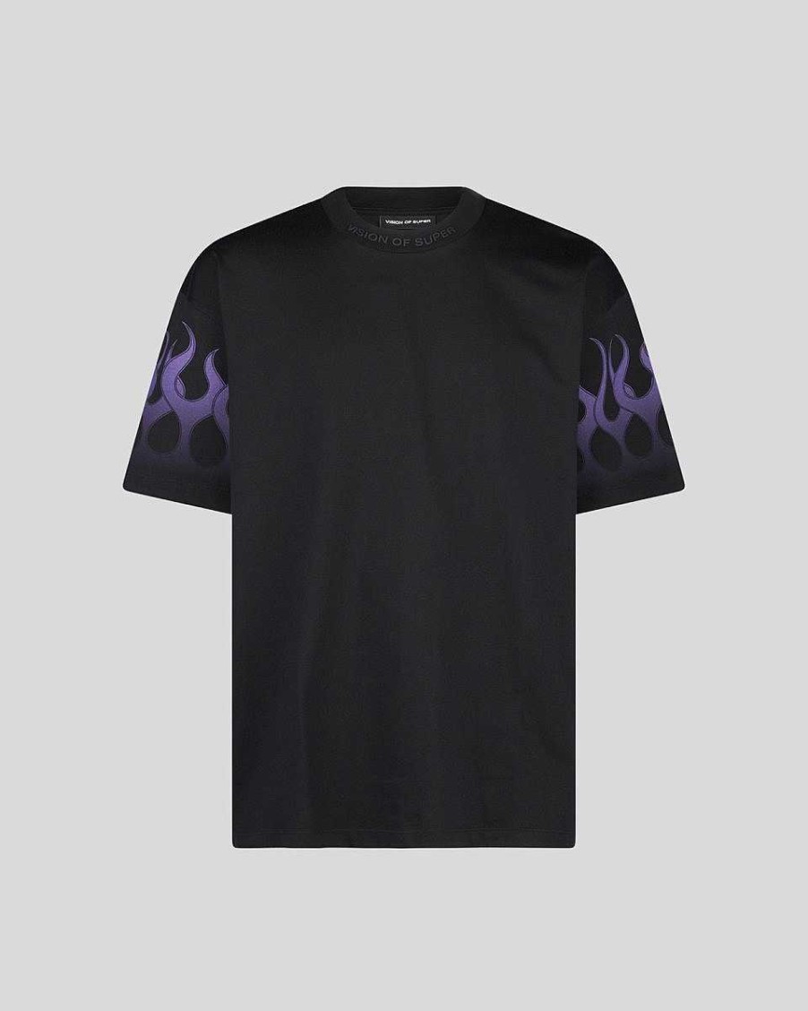 Uomo Vision of Super T-Shirt | T-Shirt Nera Con Fiamme Viola