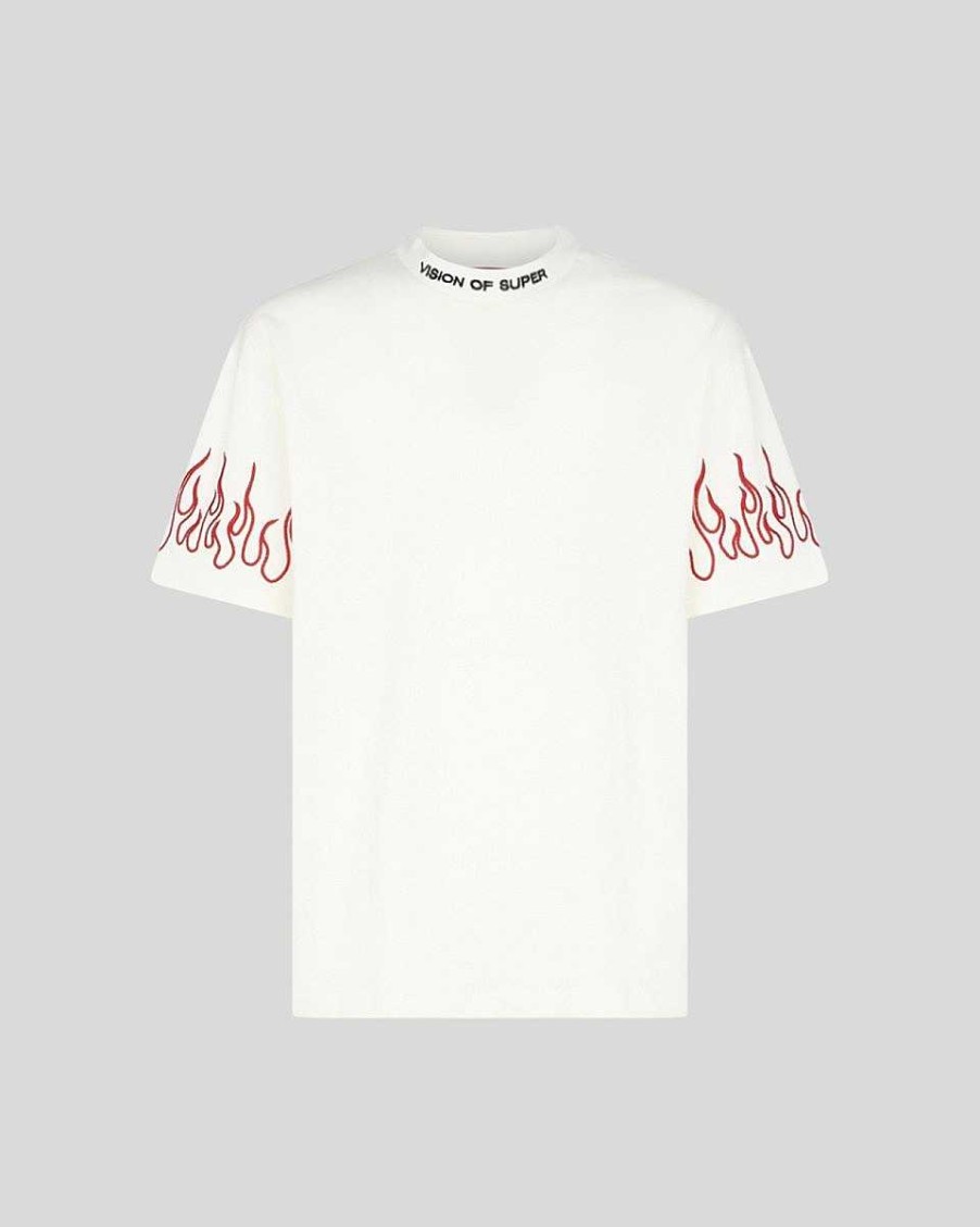 Uomo Vision of Super T-Shirt | T-Shirt Bianca Con Fiamme Ricamate Rosse