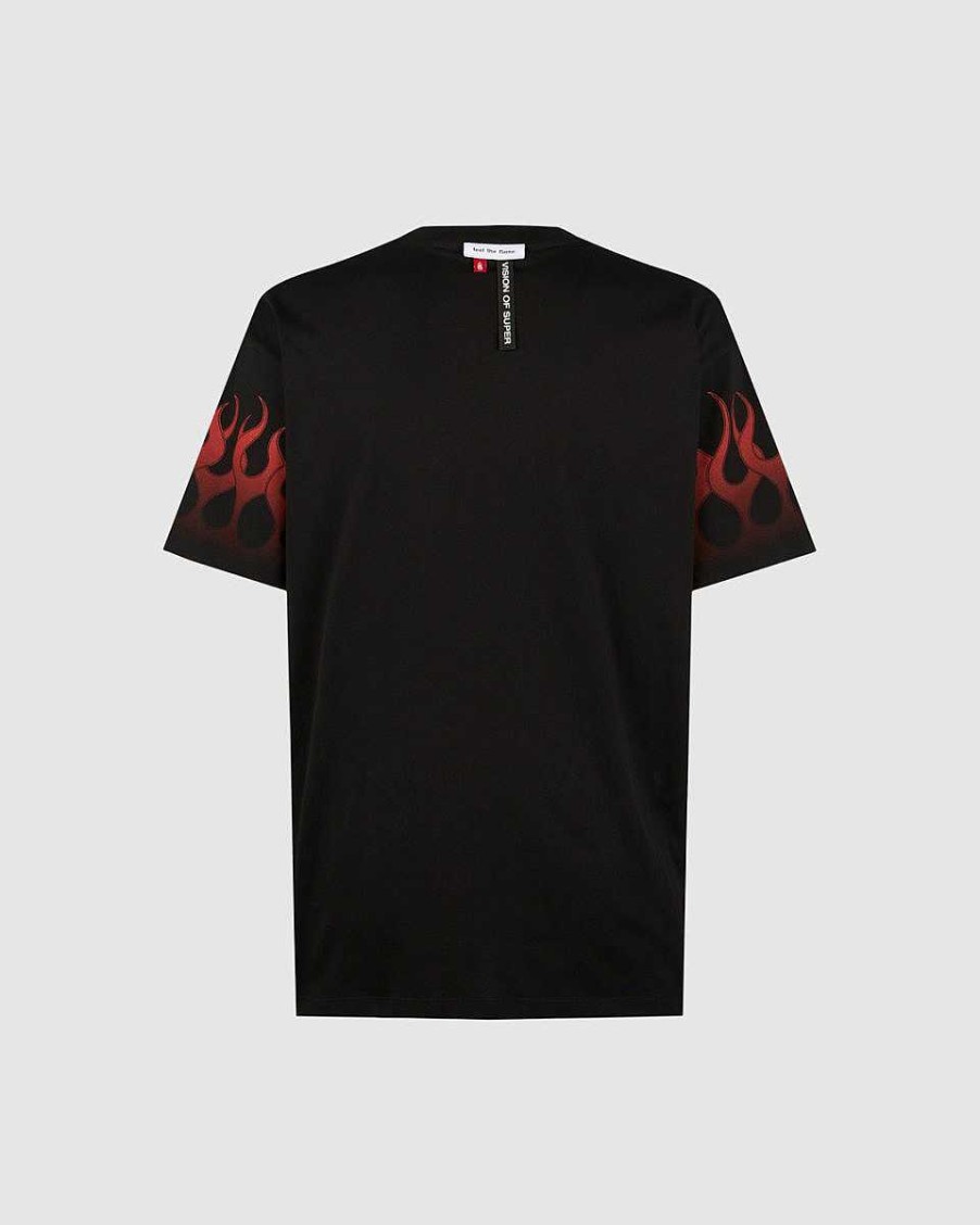 Uomo Vision of Super T-Shirt | Maglietta Nera Con Fiamme Rosse E Logo