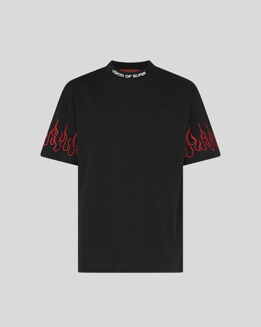 Uomo Vision of Super T-Shirt | T-Shirt Nera Con Fiamme Ricamate Rosse