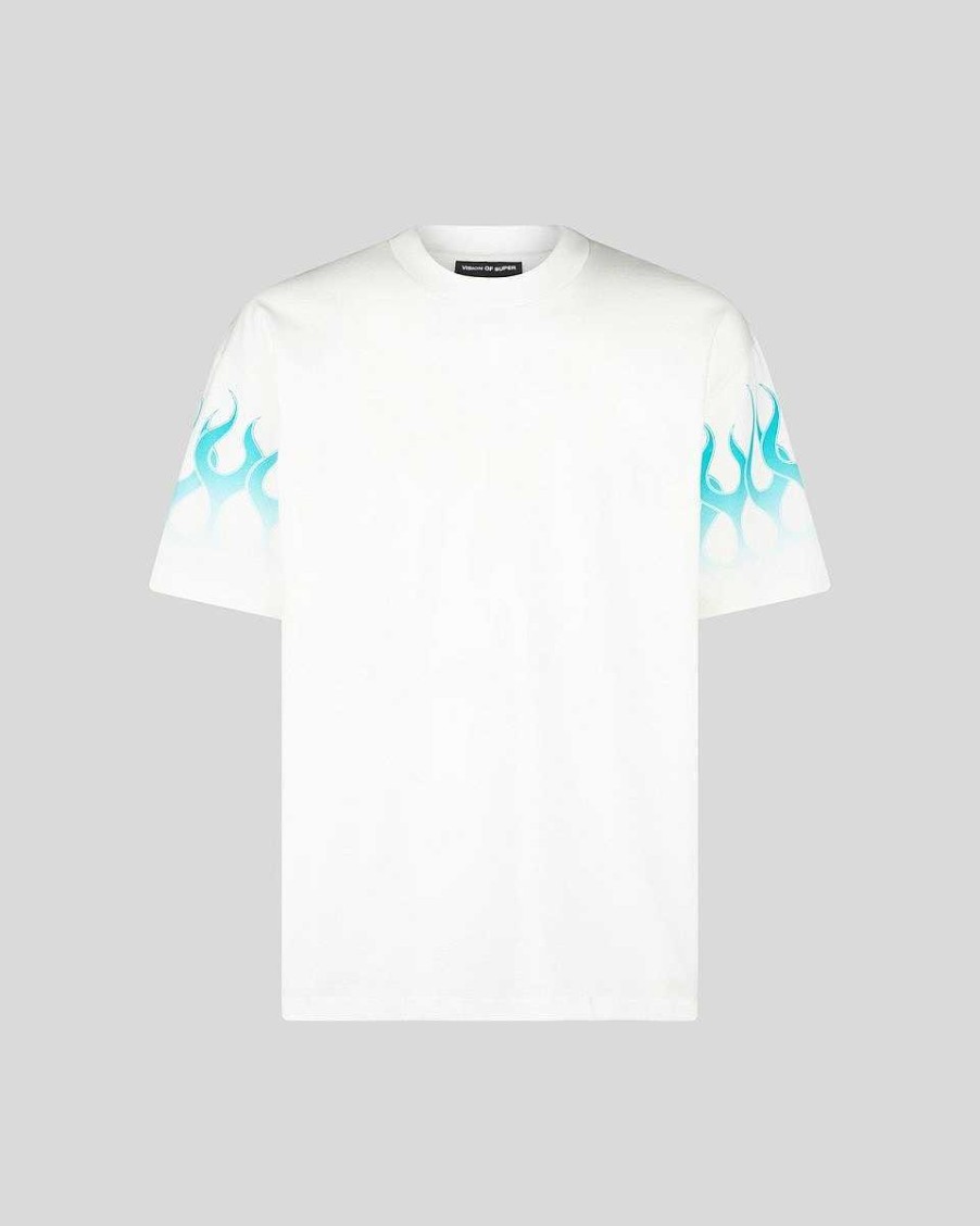 Uomo Vision of Super T-Shirt | T-Shirt Bianca Con Fiamme Azzurre