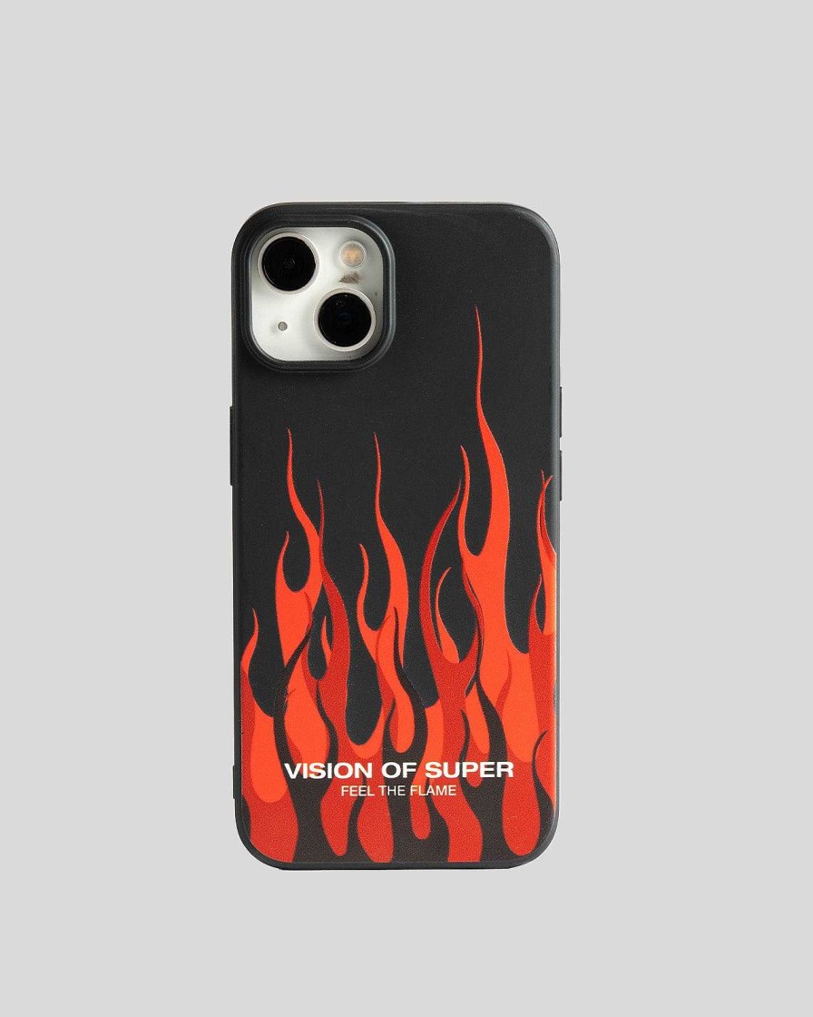 Uomo Vision of Super Accessori | Cover Iphone 14 Nera Con Fiamme Rosse E Logo Bianco