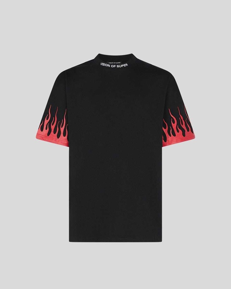 Uomo Vision of Super T-Shirt | T-Shirt Nera Con Fiamme Rosse Stampate