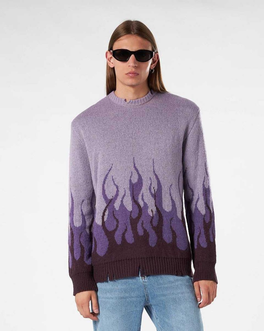 Uomo Vision of Super Maglie | Maglione Viola Con Doppie Fiamme