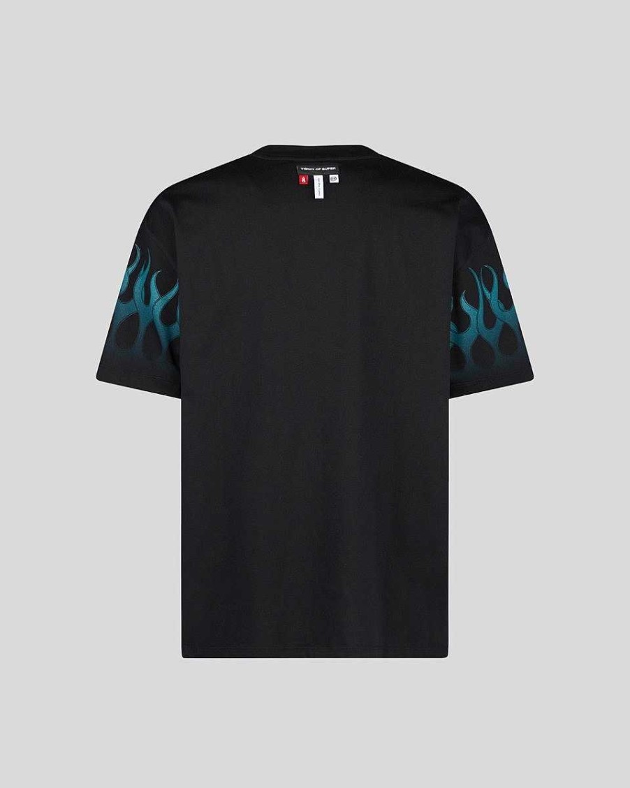 Uomo Vision of Super T-Shirt | T-Shirt Nera Con Fiamme Azzurre