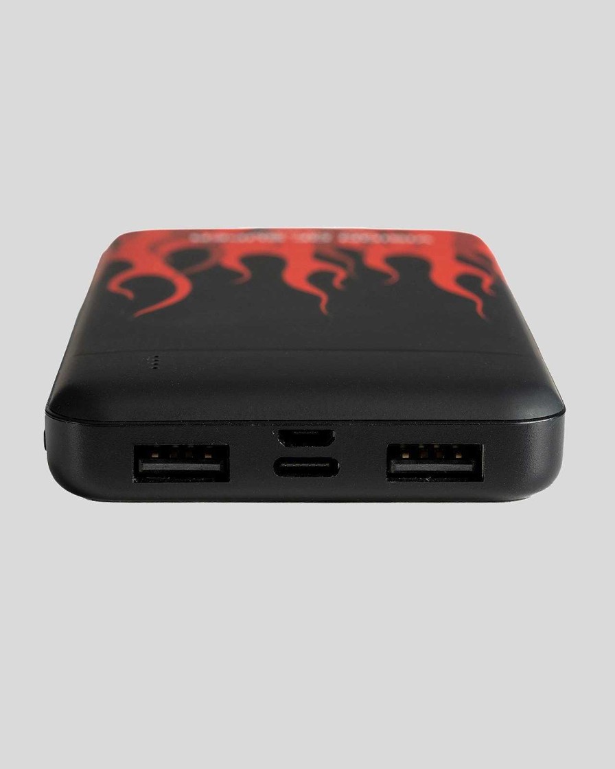 Uomo Vision of Super Accessori | Powerbank Nero Con Fiamme Rosse E Logo Bianco