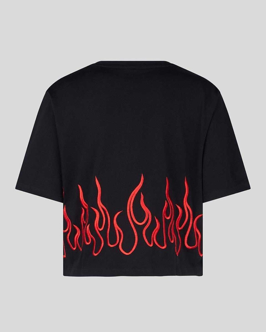 Uomo Vision of Super T-Shirt | T-Shirt Corta Nera Con Fiamme Ricamate Rosse