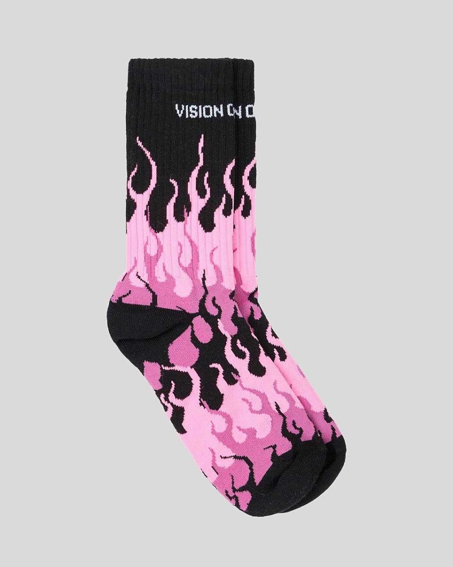 Uomo Vision of Super Calzini | Calzini Neri Con Triple Fiamme Fucsia