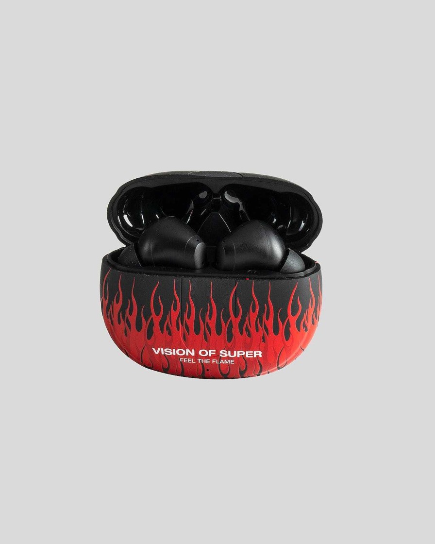 Uomo Vision of Super Accessori | Auricolari Neri Con Fiamme Rosse E Logo Bianco