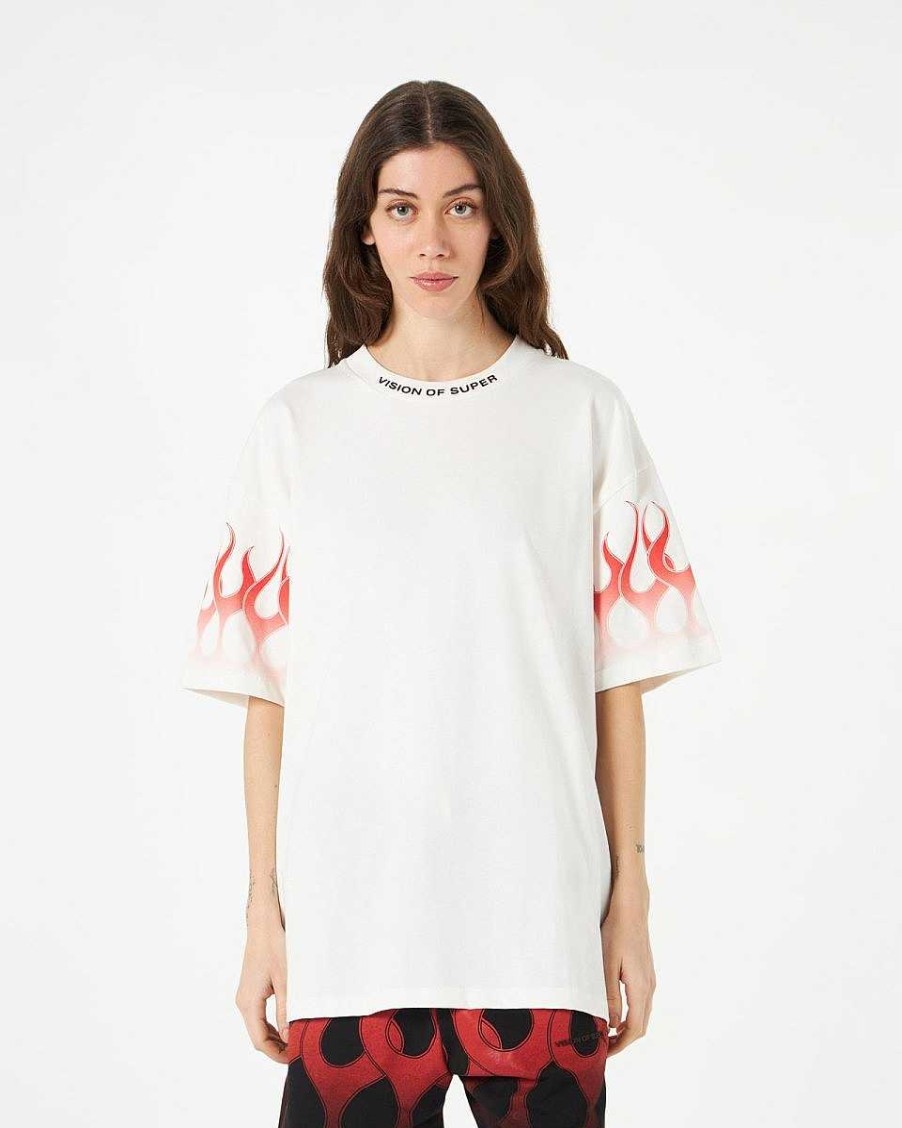 Uomo Vision of Super T-Shirt | T-Shirt Bianca Con Fiamme Rosse