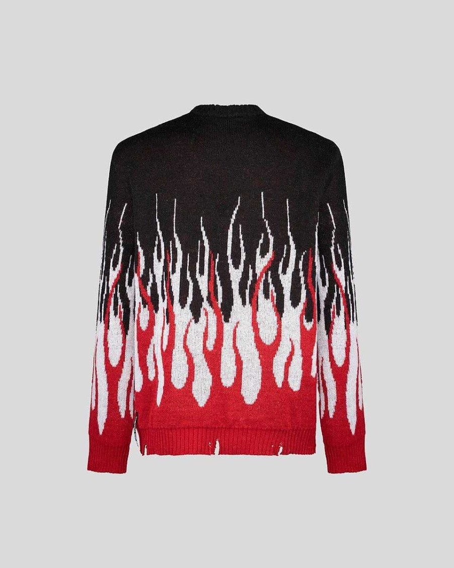 Uomo Vision of Super Maglie | Maglione Nero Con Doppie Fiamme Rosse E Bianche