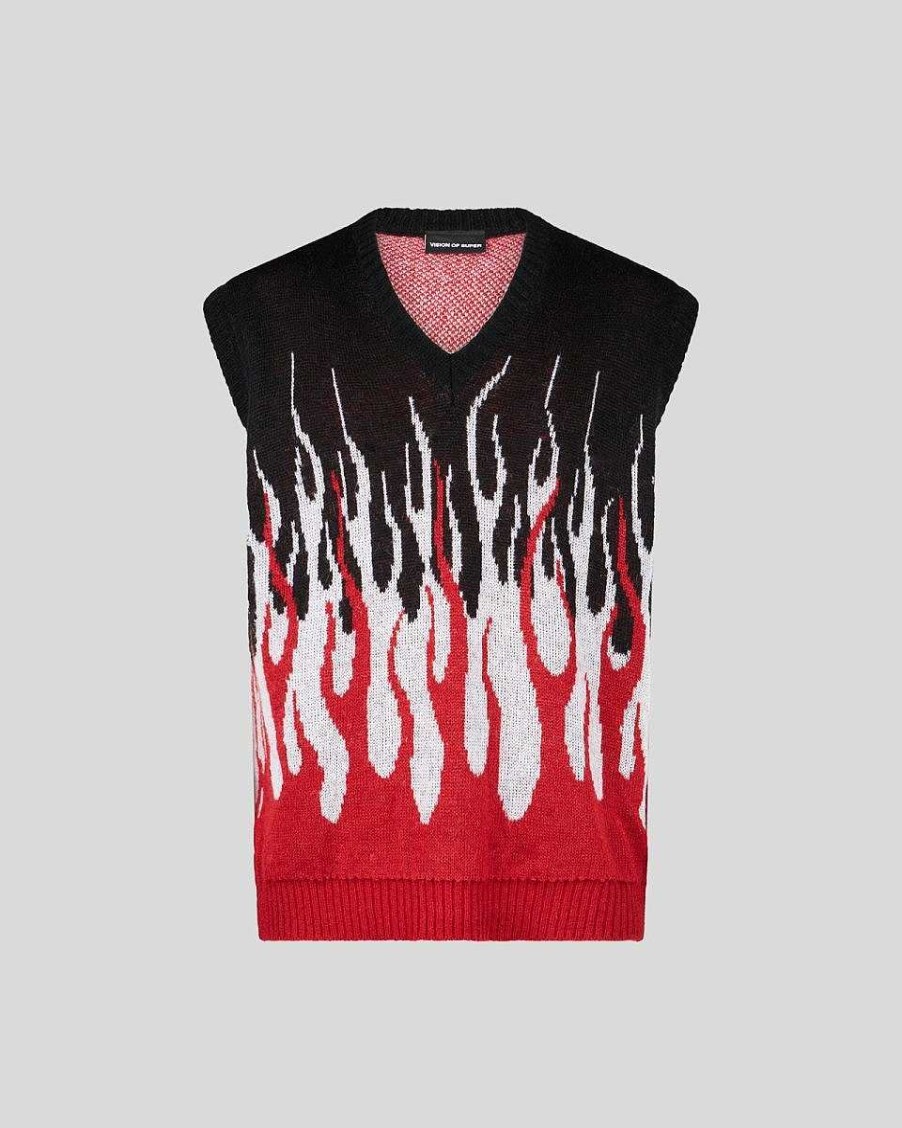 Uomo Vision of Super Maglie | Gilet In Maglieria Nera Con Doppie Fiamme Rosse E Bianche