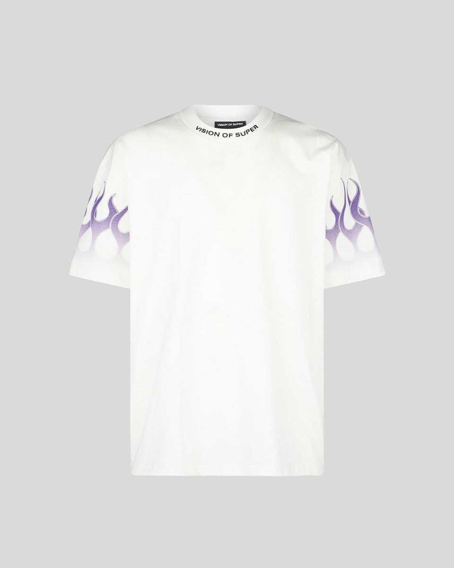 Uomo Vision of Super T-Shirt | T-Shirt Bianca Con Fiamme Viola