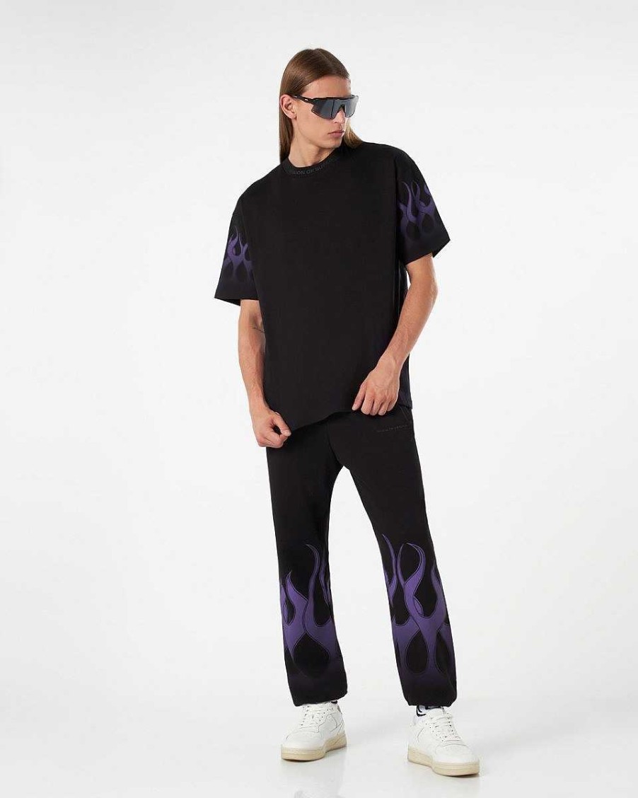 Uomo Vision of Super T-Shirt | T-Shirt Nera Con Fiamme Viola