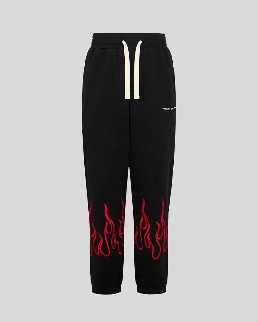 Uomo Vision of Super Pantaloni | Pantaloni Neri Con Fiamme Ricamate Rosse