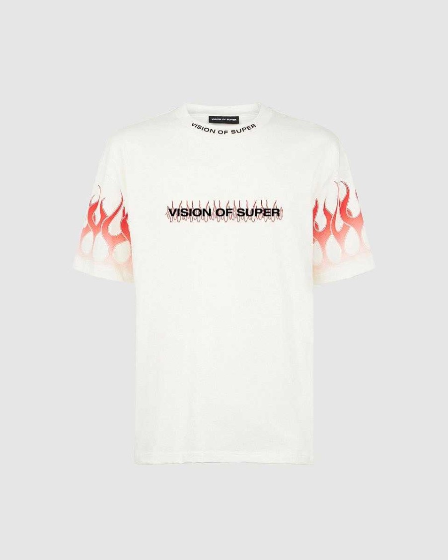 Uomo Vision of Super T-Shirt | T-Shirt Bianca Con Fiamme E Logo Rossi