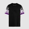 Uomo Vision of Super T-Shirt | T-Shirt Nera Con Fiamme Stampate Viola E Bianche