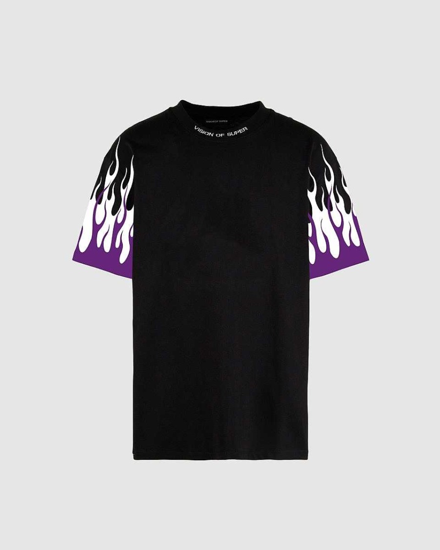 Uomo Vision of Super T-Shirt | T-Shirt Nera Con Fiamme Stampate Viola E Bianche