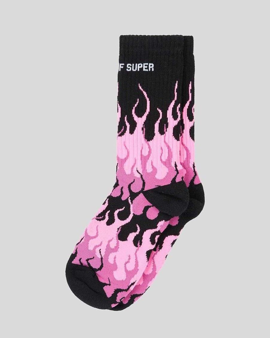 Uomo Vision of Super Calzini | Calzini Neri Con Triple Fiamme Fucsia