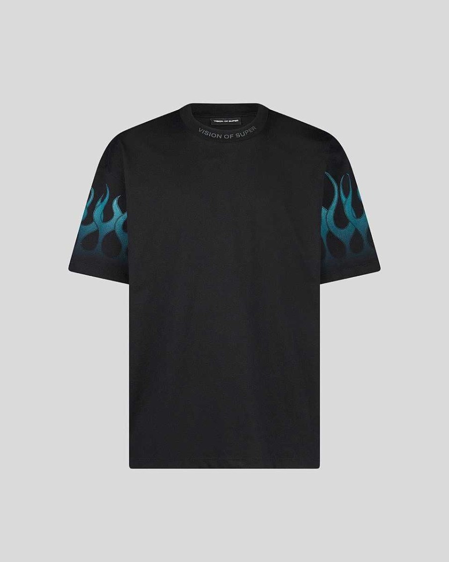 Uomo Vision of Super T-Shirt | T-Shirt Nera Con Fiamme Azzurre