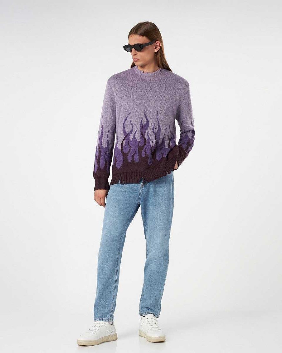 Uomo Vision of Super Maglie | Maglione Viola Con Doppie Fiamme