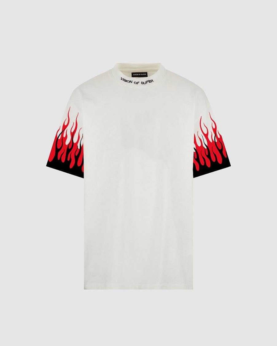 Uomo Vision of Super T-Shirt | T-Shirt Bianca Con Fiamme Stampate Nere E Rosse