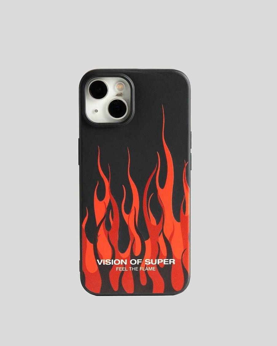 Uomo Vision of Super Accessori | Cover Iphone 14 Pro Nera Con Fiamme Rosse E Logo Bianco