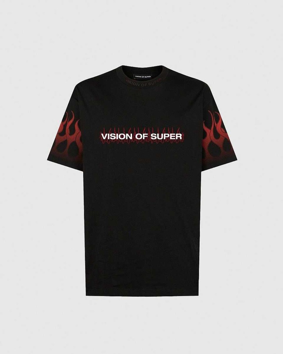 Uomo Vision of Super T-Shirt | Maglietta Nera Con Fiamme Rosse E Logo