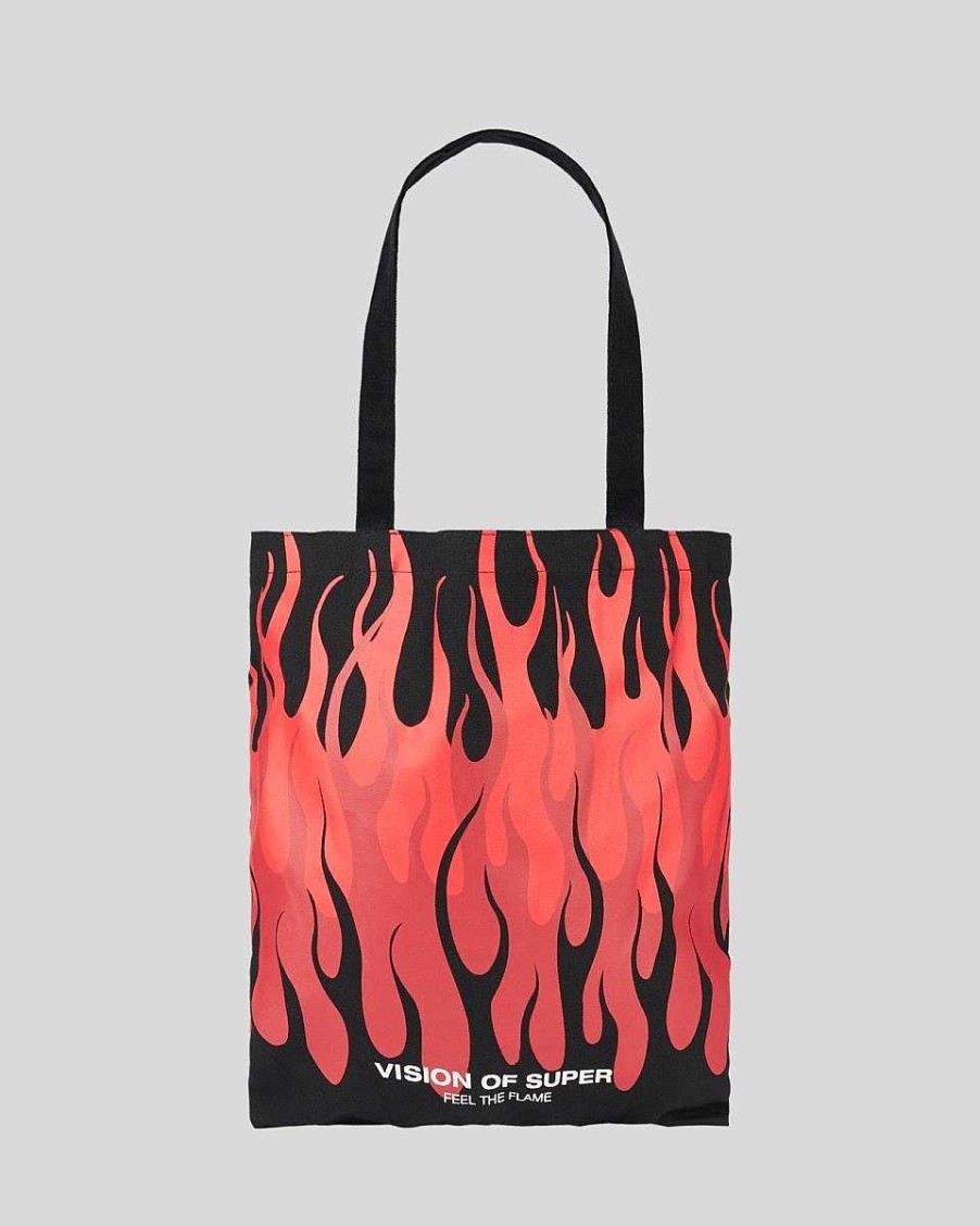 Uomo Vision of Super Accessori | Borsa Shopper Nera Con Triple Fiamme E Stampa Del Logo