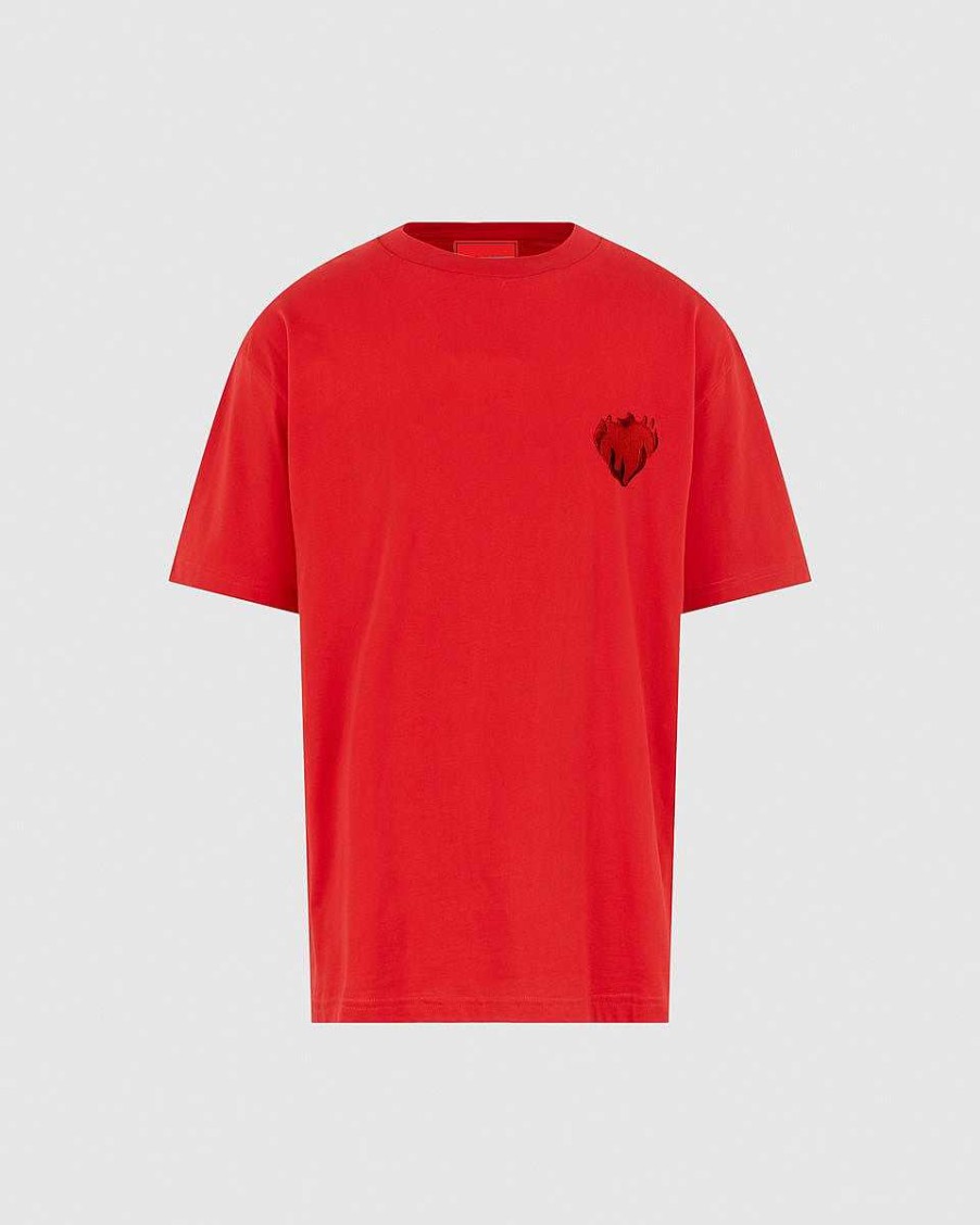 Uomo Vision of Super T-Shirt | T-Shirt Rossa Con Cuore Fiammeggiante Ricamato