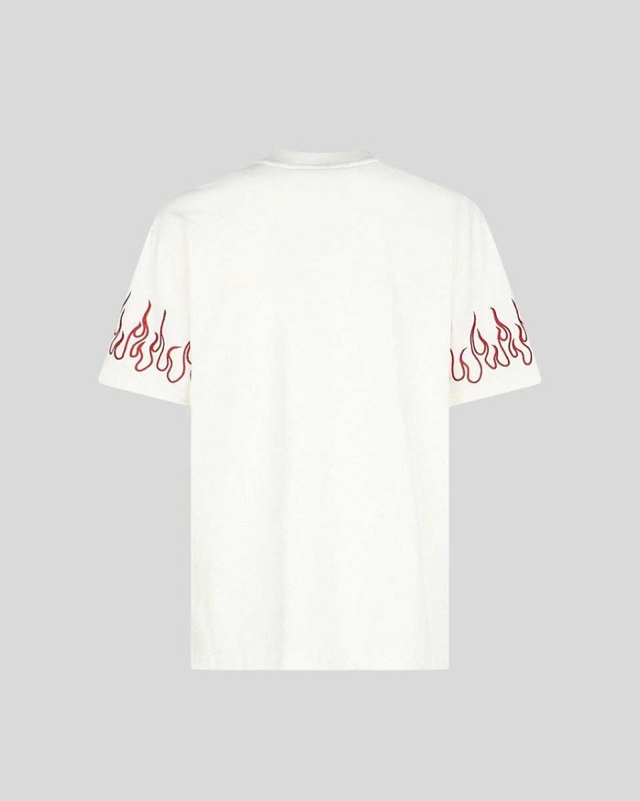 Uomo Vision of Super T-Shirt | T-Shirt Bianca Con Fiamme Ricamate Rosse