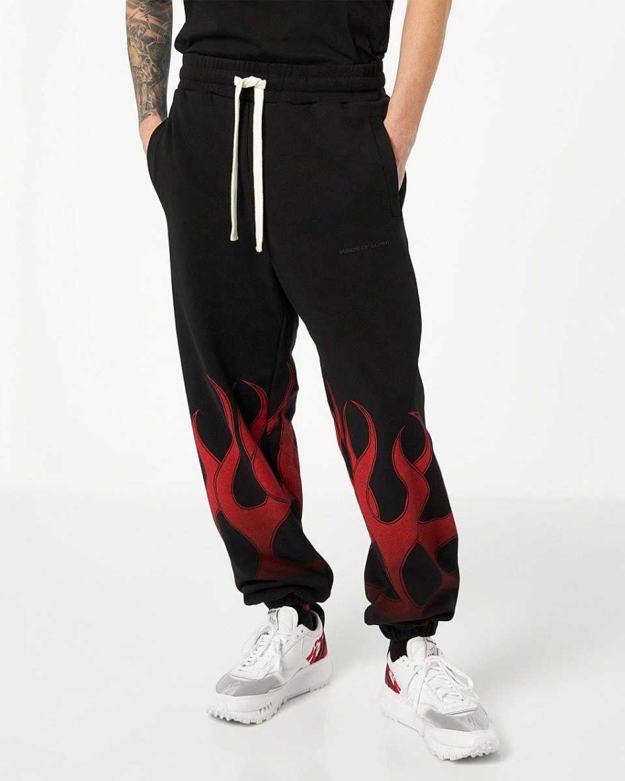 Uomo Vision of Super Pantaloni | Pantaloni Neri Con Fiamme Rosse