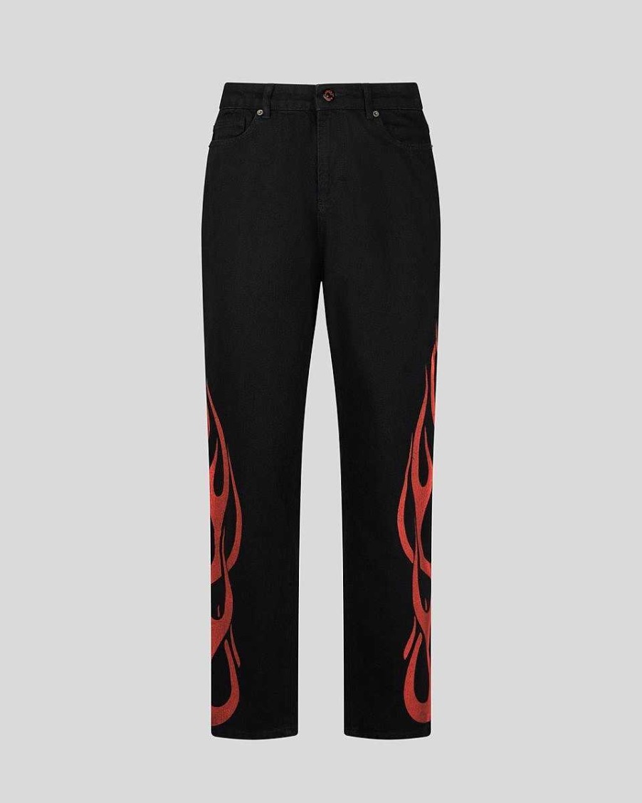 Uomo Vision of Super Pantaloni | Jeans Neri Con Fiamme Rosse